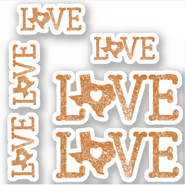 Set of 6 Distressed Texas Love Burnt Orange Sticker (Front)