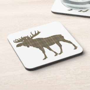 Set Of 6 Drink Coasters plaid moose