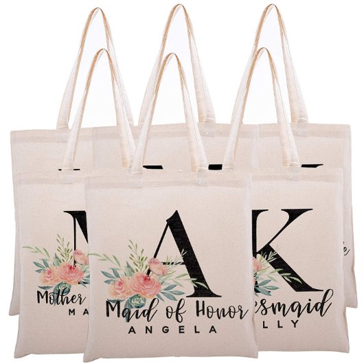 Set of 6 Elegant Pink Roses Canvas Tote Bags (Set)