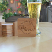 Set Of 6 Engraved Square Bamboo Coasters | Cheers (Front)
