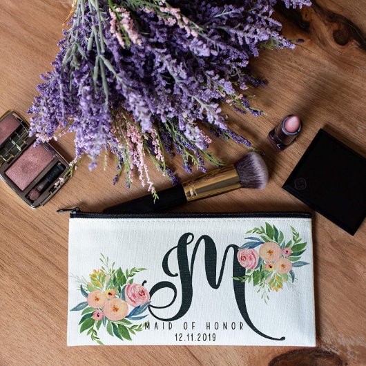 Set of 6 Floral Monogrammed Canvas Cosmetic Bags (Front)