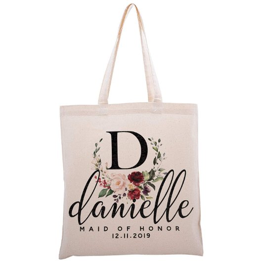 Set of 6 Floral Wreath Monogram Canvas Tote Bags (Front)
