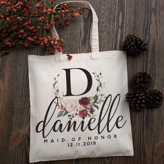 Set of 6 Floral Wreath Monogram Canvas Tote Bags (Front)