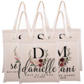 Set of 6 Floral Wreath Monogram Canvas Tote Bags (Set)