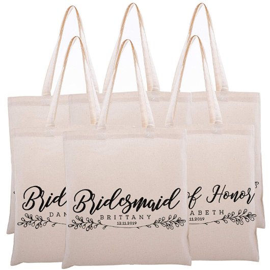 Set Of 6 Hand Drawn Round Leaves Canvas Tote Bags (Set)