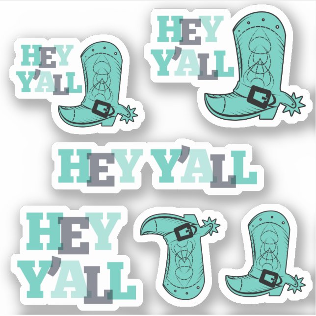 Set of 6 Hey Y'All - Texas Boots Custom-Cut Sticker (Front)