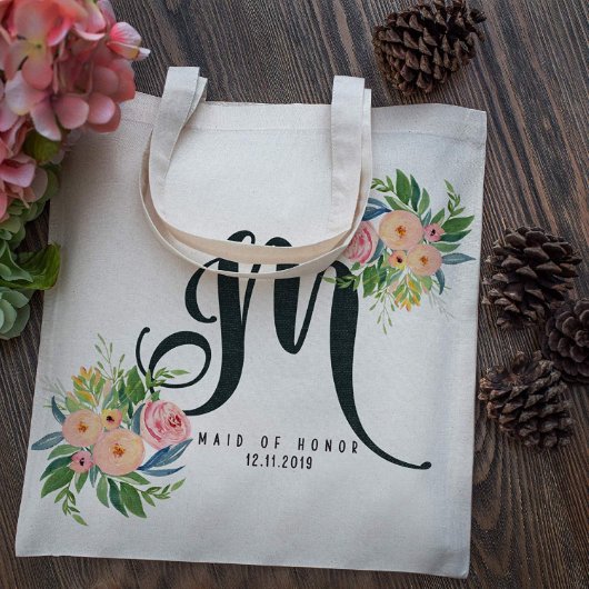 Set of 6 Lovely Floral Monogram Canvas Tote Bag (Front)