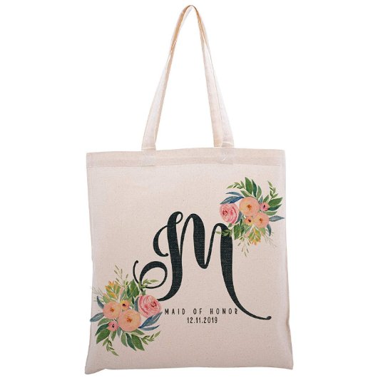 Set of 6 Lovely Floral Monogram Canvas Tote Bag (Front)