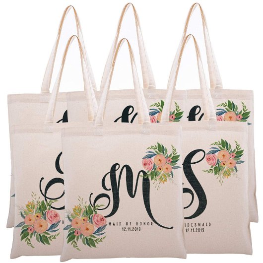 Set of 6 Lovely Floral Monogram Canvas Tote Bag (Set)
