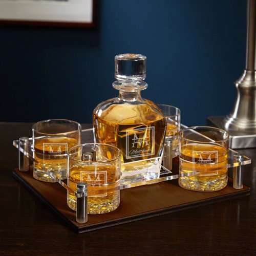 Set Of 6 Oakhill Tray Decanter And Rocks Glasses