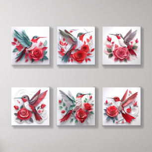 Set Of 6 Paper Cut Out Art Hummingbird & Roses Acrylic Photo Tile