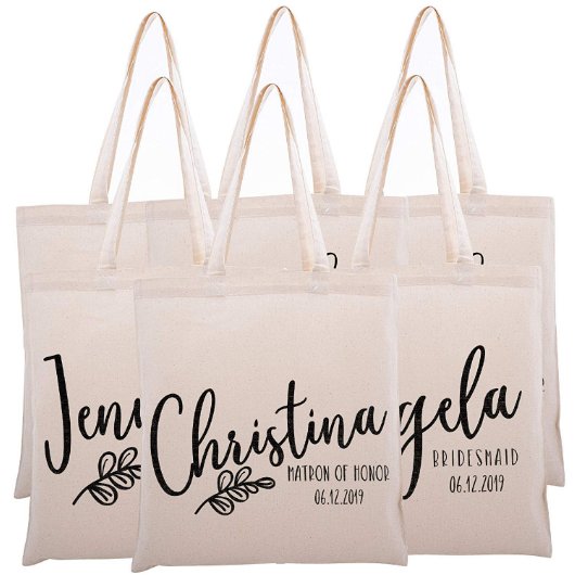 Set Of 6 Quirky Leaves Floral Canvas Tote Bags (Set)
