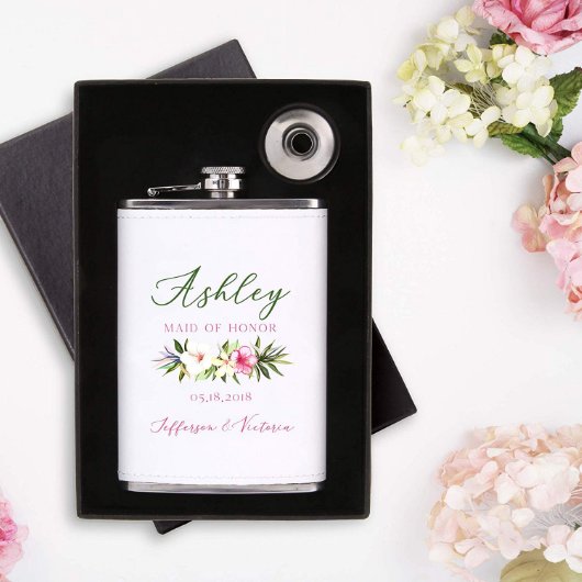 Set of 8 Floral Bridesmaid 8 oz. Steel Flasks (Front)