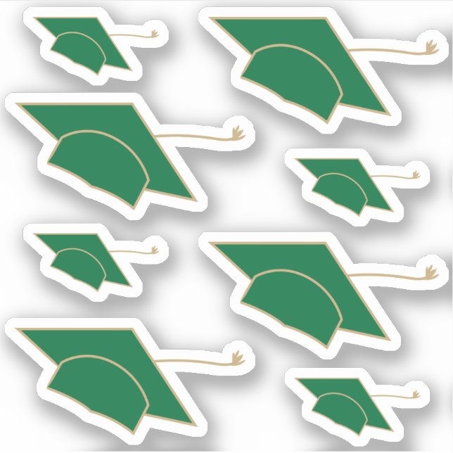 Set of 8 Green Graduation Caps Custom-Cut Sticker (Front)