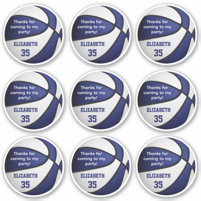 set of 9 blue white basketball party thank you sticker (Front)