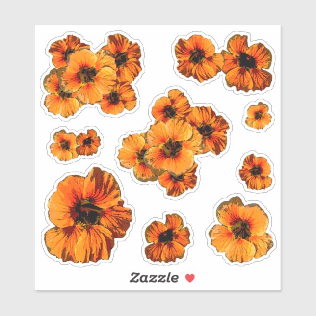 Set of 9 orange stylised nasturtium flowers sticker (Sheet)