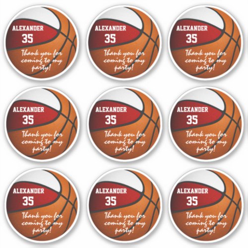 set of 9 red white basketball party favor label