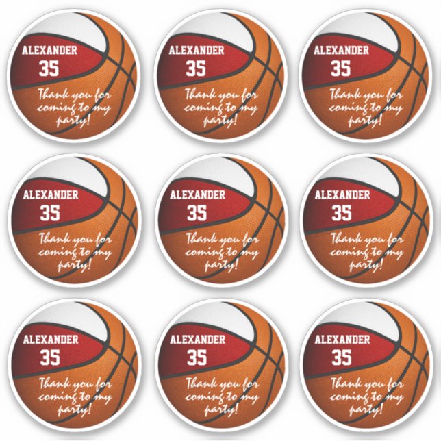 set of 9 red white basketball party favor label (Front)