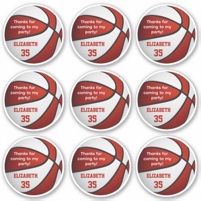 set of 9 red white basketball party thank you sticker (Front)