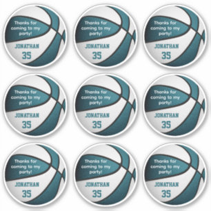 set of 9 teal white basketball party favor label
