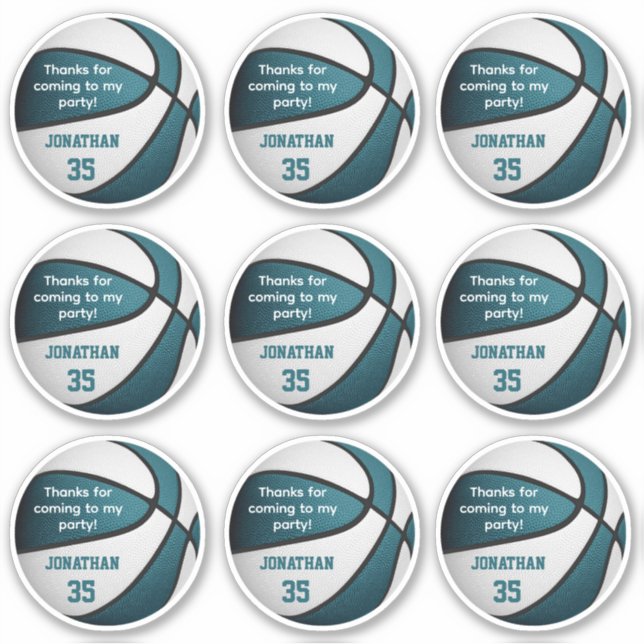 set of 9 teal white basketball party favor label (Front)