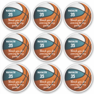 set of 9 teal white basketball party favor label