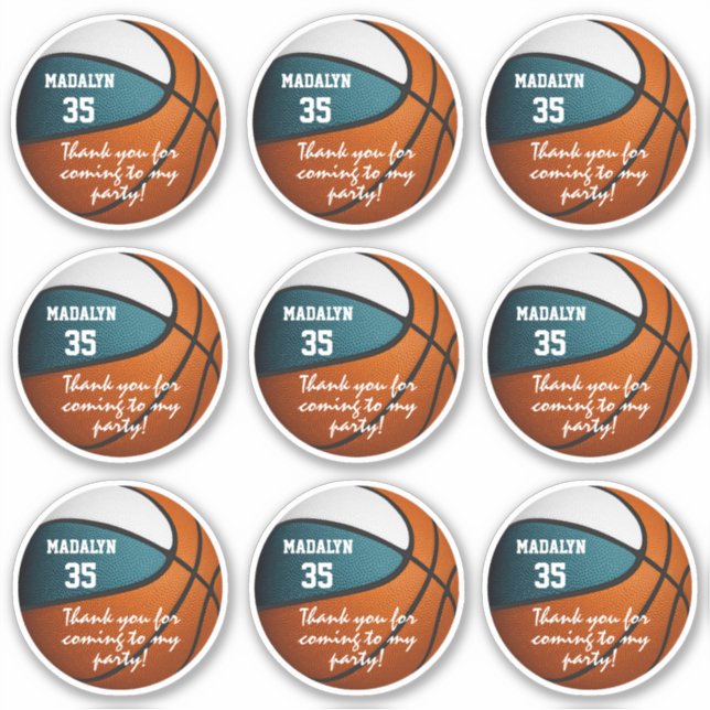 set of 9 teal white basketball party favor label (Front)