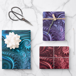 Set of Blue Lilac and Carmine Spiral Pattern Wrapping Paper Sheets
