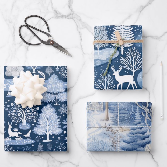 Set of Blue & White Snowy Christmas Wrapping Paper Sheets (Front)