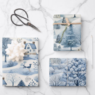 Set of Blue & White Snowy Festive Christmas Wrapping Paper Sheets