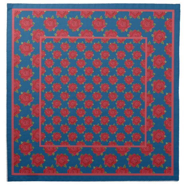 Set of Cloth Dinner Napkins Red Roses on Deep Blue (Front)