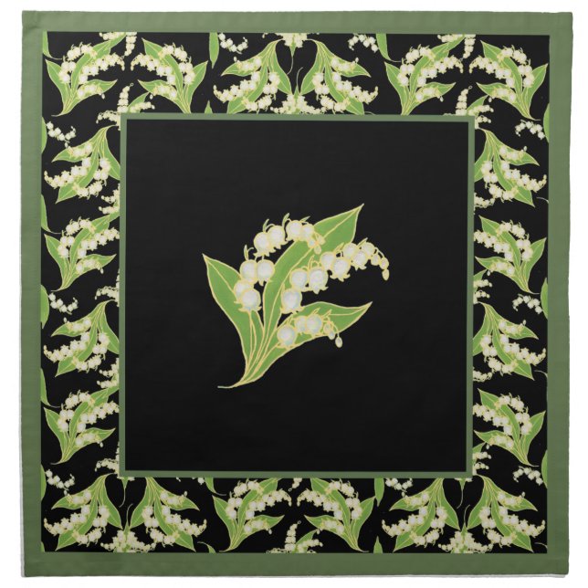 Set of Cloth Napkins Lilies of the Valley on Black (Front)