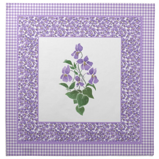 Set of Cloth Napkins, Violets and Check Gingham (Front)