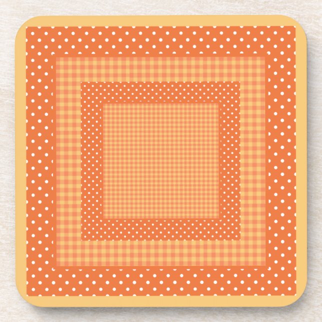 Set of Coasters: Orange Checks and Polka Dots Beverage Coaster (Front)