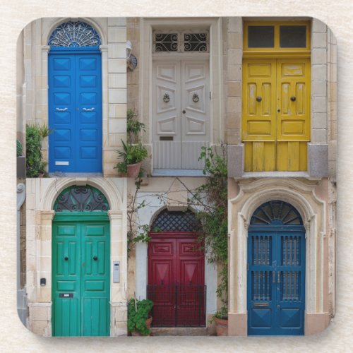 Set of colorful front doors in Malta Beverage Coaster