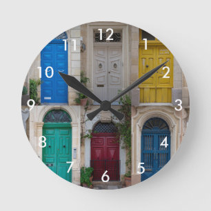 Set of colorful front doors in Malta Round Clock
