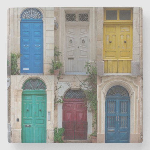 Set of colorful front doors in Malta Stone Coaster