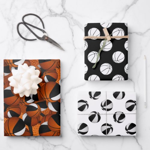 Set of coordinating black white basketball pattern wrapping paper sheets