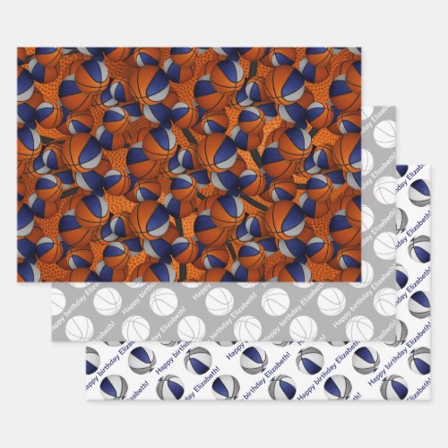 Set of coordinating blue gray basketball pattern wrapping paper sheets