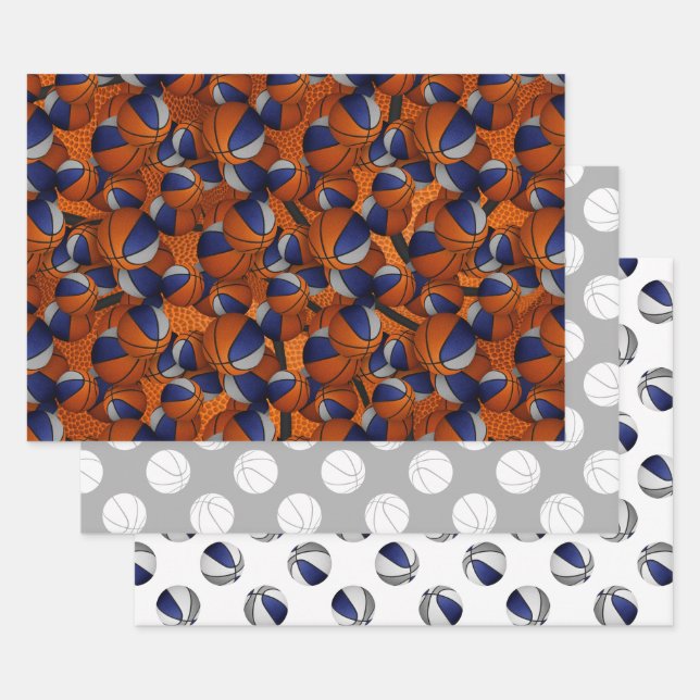 Set of coordinating blue gray basketball pattern wrapping paper sheets (Set)