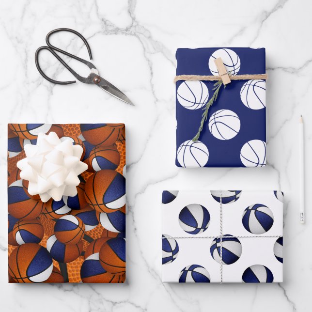 Set of coordinating blue white basketball pattern wrapping paper sheets (Front)