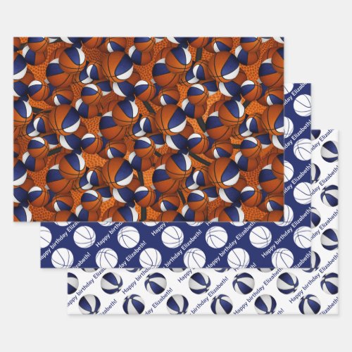 Set of coordinating blue white basketball pattern wrapping paper sheets