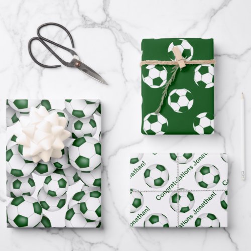 set of coordinating green white soccer wrapping paper sheets