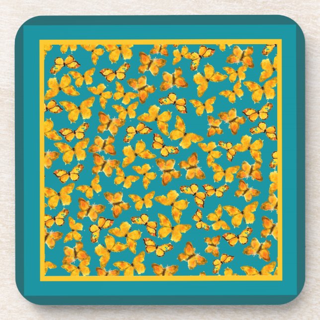 Set of Cork Coasters, Golden Butterflies on Blue Beverage Coaster (Front)