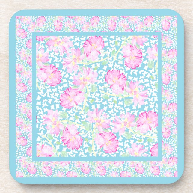 Set of Cork Coasters: Pink Roses White Butterflies Beverage Coaster (Front)