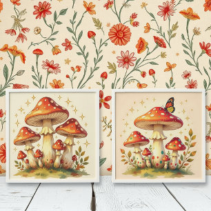 Set of Cottage Core Vintage Mushrooms Art Peel And Stick Photo Tile