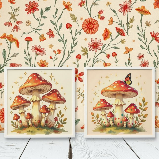 Set of Cottage Core Vintage Mushrooms Art Peel And Stick Photo Tile (Creator Uploaded)
