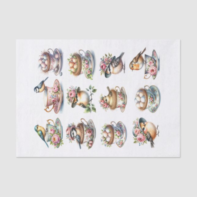 Set of Cute Birds with Hats Sitting in Tea Cups Tissue Paper (Front)