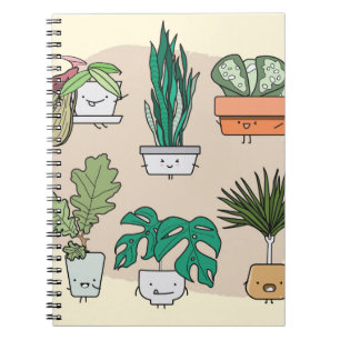 Set of cute house plants in pots. Colorful botanic Notebook