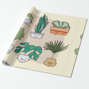 Set of cute house plants in pots. Colorful botanic Wrapping Paper